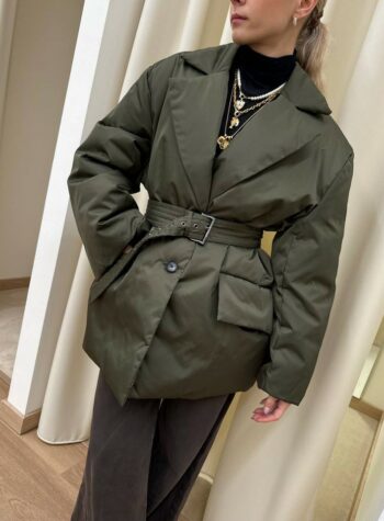 Shop Online Giacca verde oliva trapuntata in vera piuma con cintura Vicolo