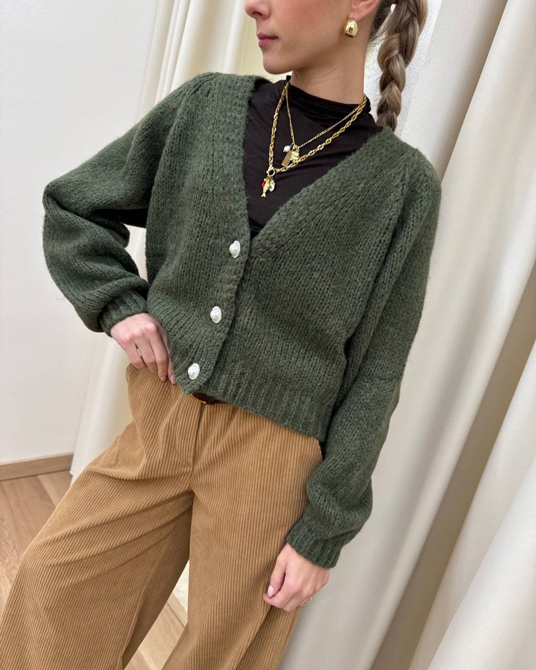 Cardigan verde militare bottoni gioiello HaveOne Shop Online Cardigan verde militare bottoni gioiello HaveOne