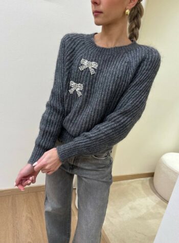 Shop Online Maglione in mohair grigio con fiocchi strass Vicolo