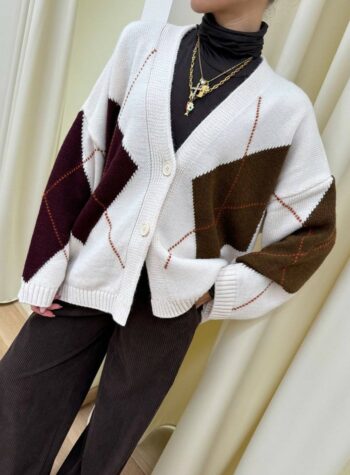 Shop Online Cardigan rombi burro e vino scollo a v HaveOne