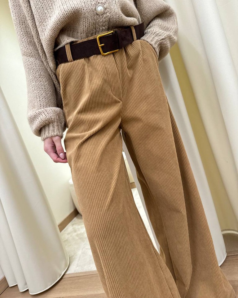 Pantalone dritto in velluto cammello con cintura HaveOne Shop Online Pantalone dritto in velluto cammello con cintura HaveOne