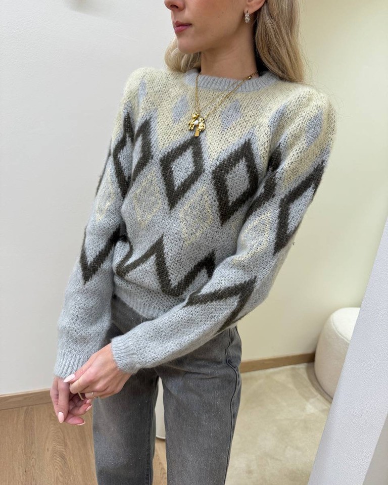 Maglione jacquard girocollo rombi grigio Vicolo Shop Online Maglione jacquard girocollo rombi grigio Vicolo