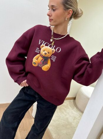 Shop Online Felpa oversize bordeaux stampa orsetto sciarpa Vicolo