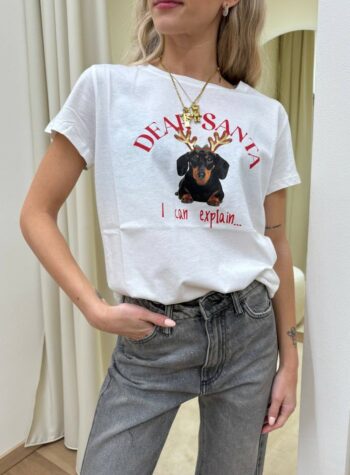 Shop Online T-shirt bianca stampa bassotto natalizio scritta 'DEAR SANTA...' Vicolo
