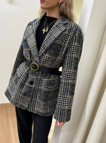 Shop Online Cappottino quadro beige e nero con cintura Vicolo