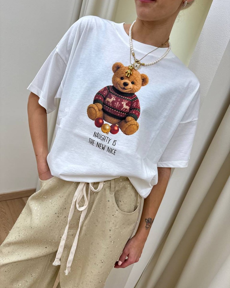 T-shirt oversize bianca stampa orsetto Vicolo Shop Online T-shirt oversize bianca stampa orsetto Vicolo