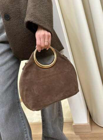 Shop Online Pochette in camoscio tortora con manico tondo dorato