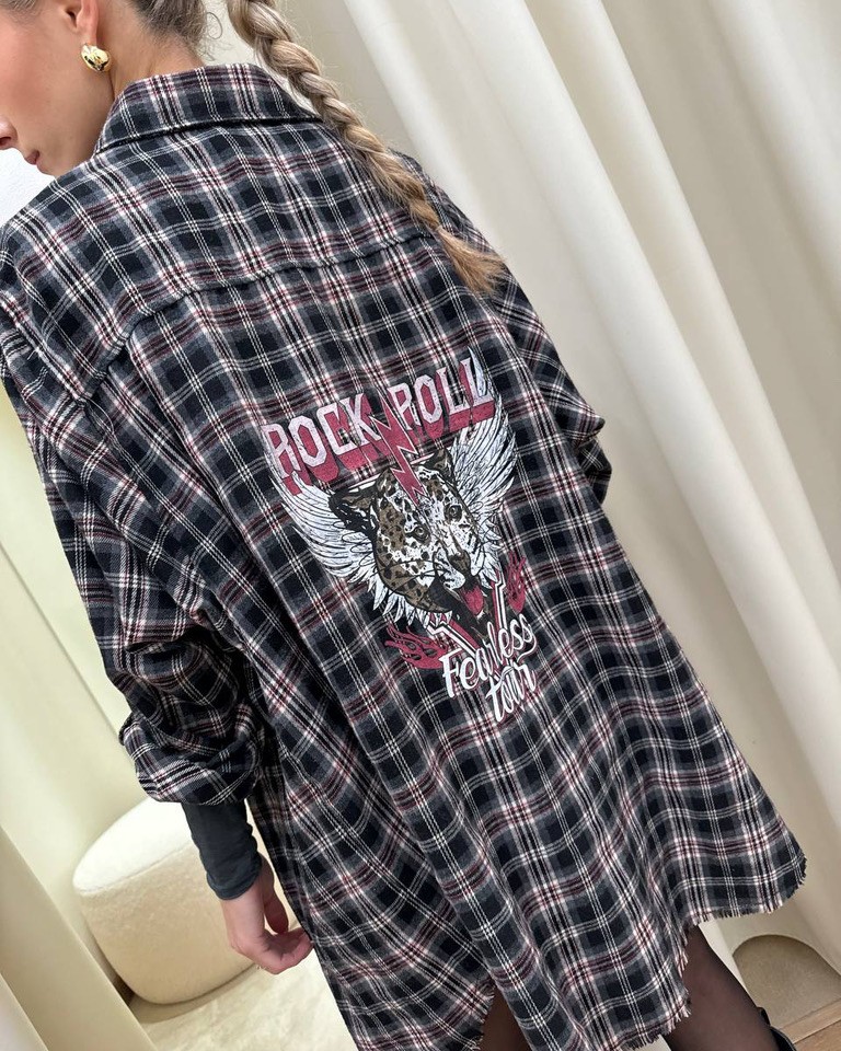 Camicia ampia check grigia con stampa Vicolo Shop Online Camicia ampia check grigia con stampa Vicolo