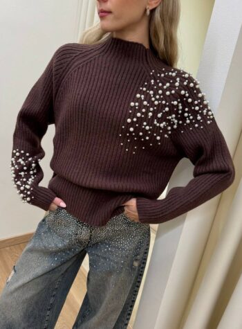 Shop Online Maglione collo a cratere con perle moro HaveOne
