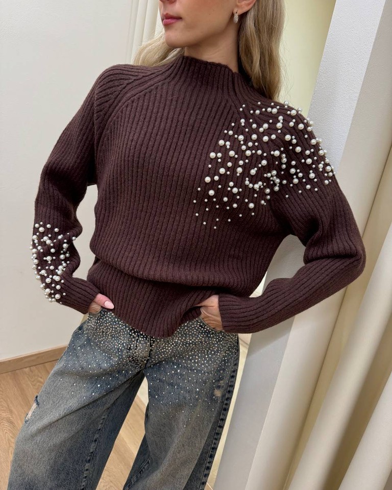 Maglione collo a cratere con perle moro HaveOne Shop Online Maglione collo a cratere con perle moro HaveOne