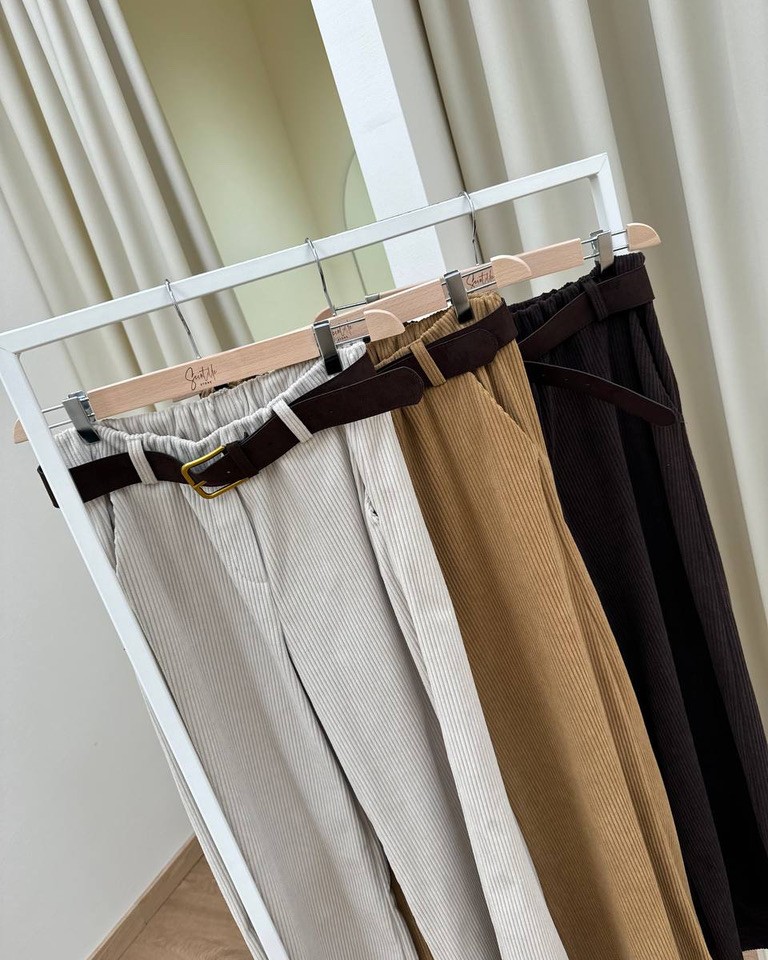 Pantalone dritto in velluto cammello con cintura HaveOne Shop Online Pantalone dritto in velluto cammello con cintura HaveOne