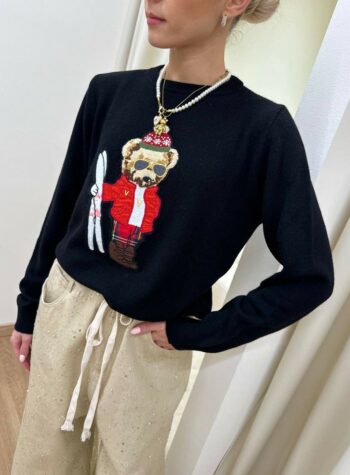 Shop Online Maglia girocollo nera patch orsetto scii Vicolo