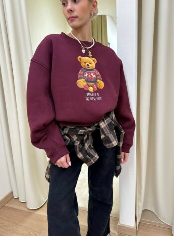 Shop Online Felpa oversize bordeaux stampa orsetto Natale Vicolo