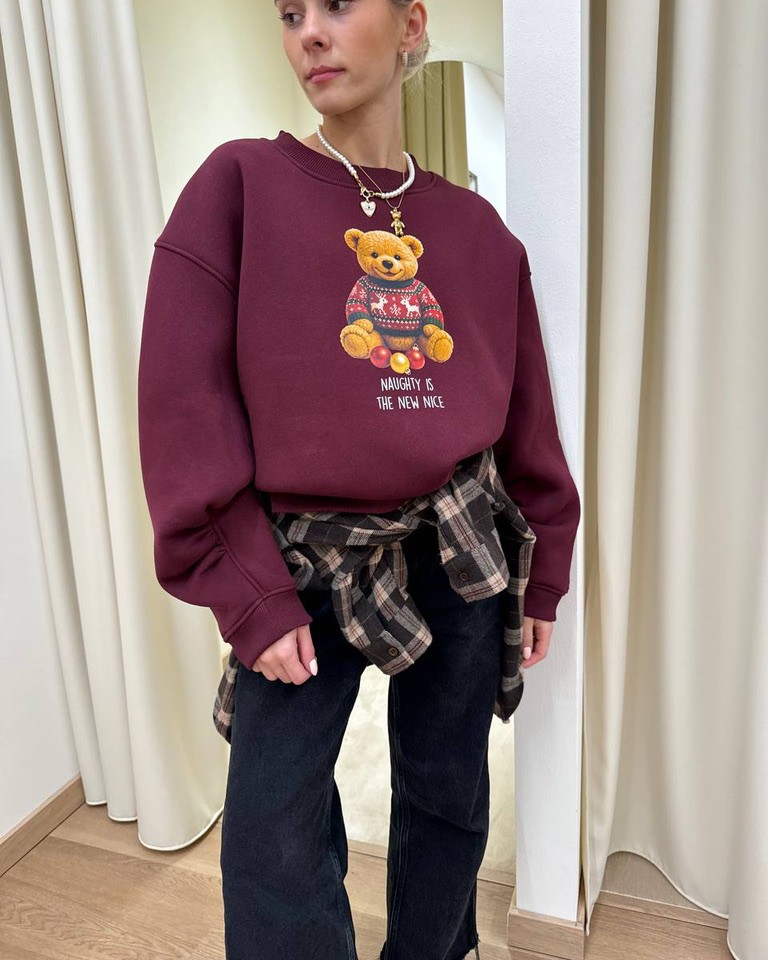 Felpa oversize bordeaux stampa orsetto Natale Vicolo Shop Online Felpa oversize bordeaux stampa orsetto Natale Vicolo