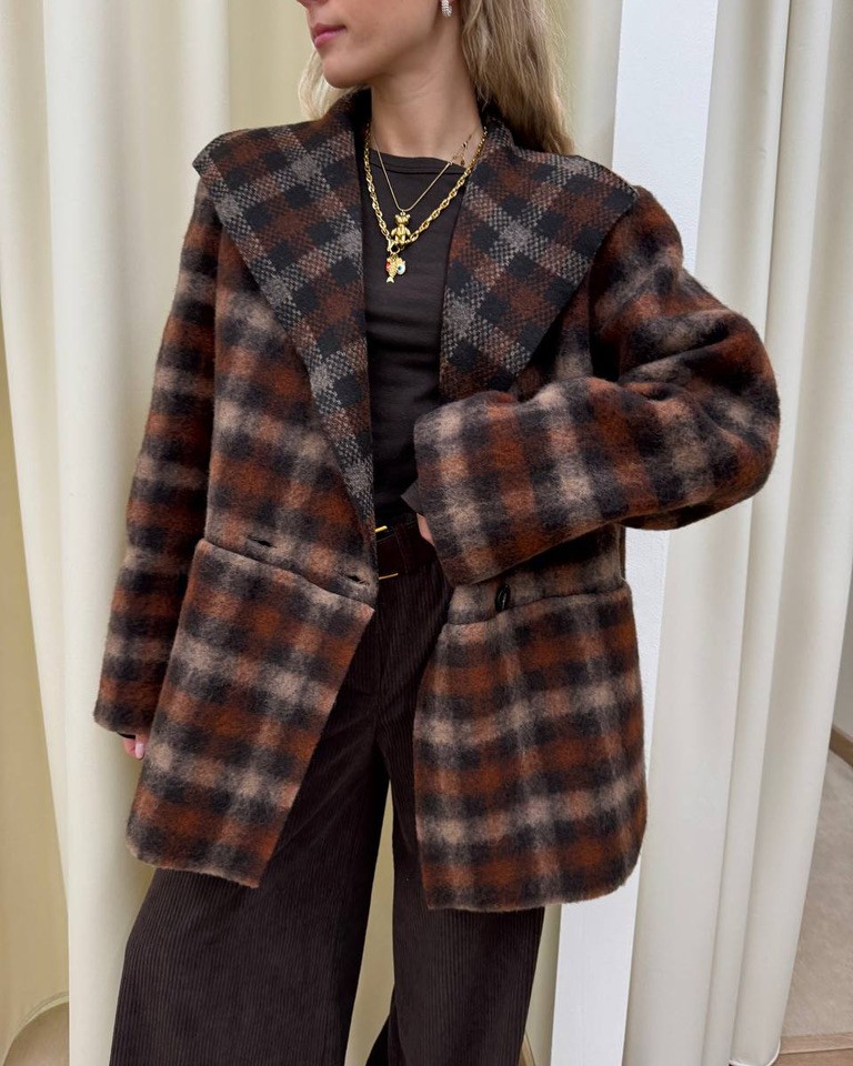 Cappotto check coccio e moro con sciarpa HaveOne Shop Online Cappotto check coccio e moro con sciarpa HaveOne