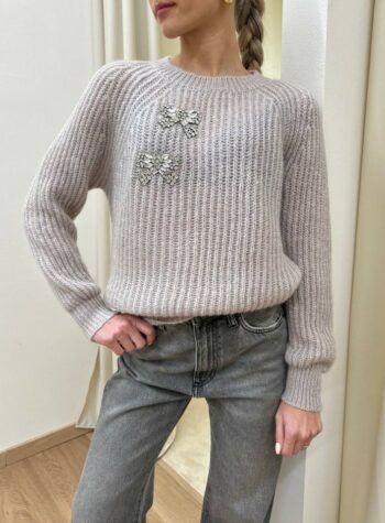Shop Online Maglione tortora in mohair con fiocchi strass Vicolo