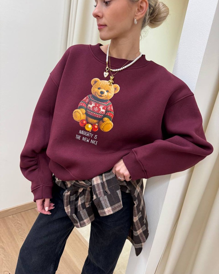 Felpa oversize bordeaux stampa orsetto Natale Vicolo Shop Online Felpa oversize bordeaux stampa orsetto Natale Vicolo