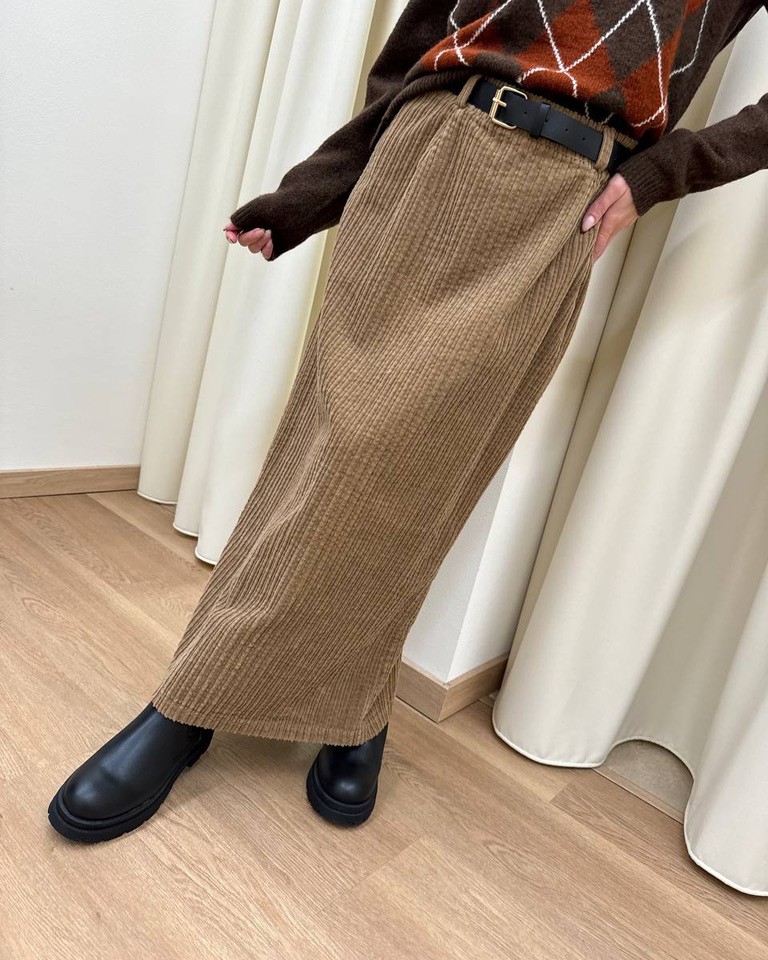 Gonna lunga in velluto cammello con cintura HaveOne Shop Online Gonna lunga in velluto cammello con cintura HaveOne