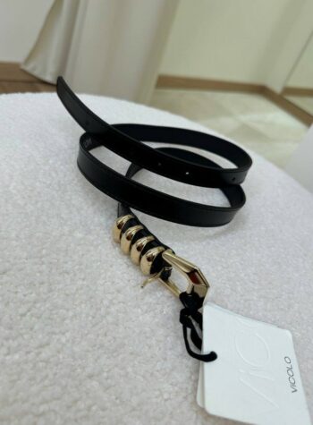 Shop Online Cintura nera sottile in vera pelle fibbia anelli dorati Vicolo