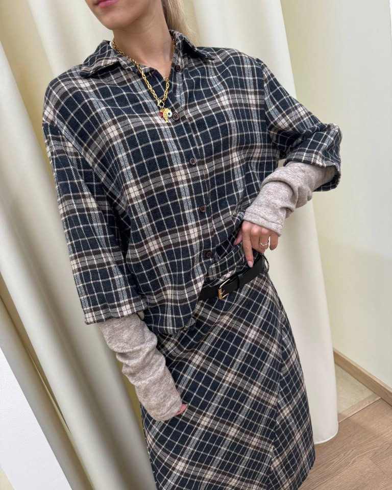 Camicia check grigio e moro con manicotti HaveOne Shop Online Camicia check grigio e moro con manicotti HaveOne