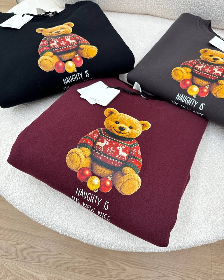 Felpa oversize bordeaux stampa orsetto Natale Vicolo Shop Online Felpa oversize bordeaux stampa orsetto Natale Vicolo