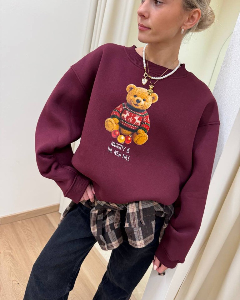Felpa oversize bordeaux stampa orsetto Natale Vicolo Shop Online Felpa oversize bordeaux stampa orsetto Natale Vicolo