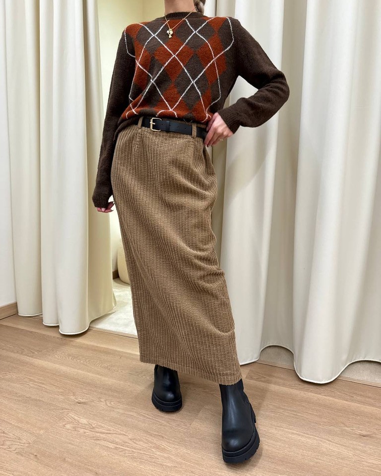 Gonna lunga in velluto cammello con cintura HaveOne Shop Online Gonna lunga in velluto cammello con cintura HaveOne