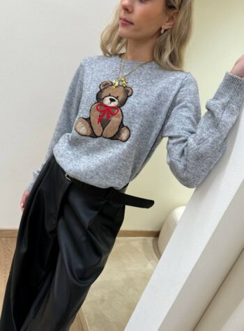 Shop Online Maglia girocollo grigia patch orsetto con fiocco Vicolo