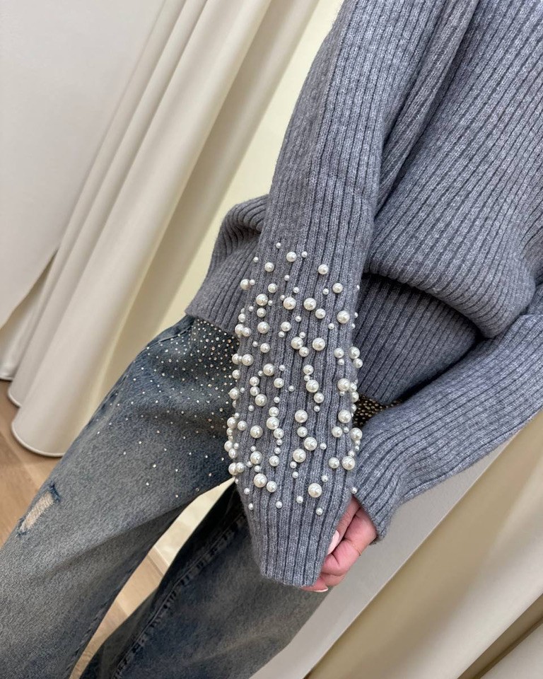 Maglione collo a cratere con perle grigio HaveOne Shop Online Maglione collo a cratere con perle grigio HaveOne