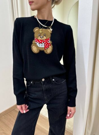Shop Online Maglia nera girocollo con patch orsetto Vicolo