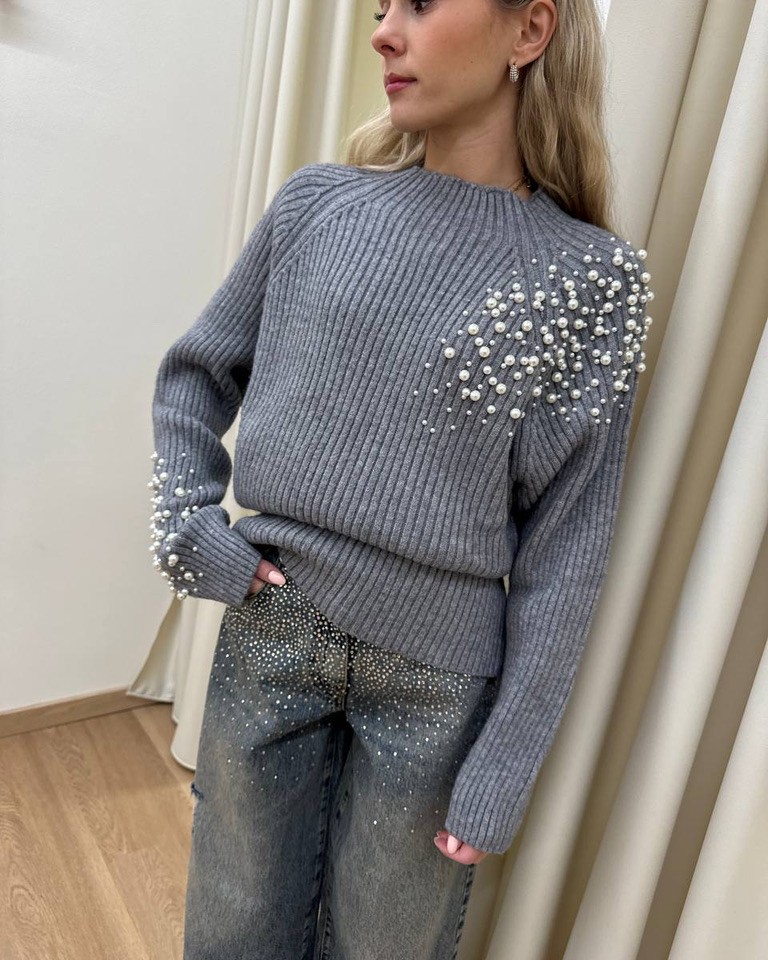 Maglione collo a cratere con perle grigio HaveOne Shop Online Maglione collo a cratere con perle grigio HaveOne