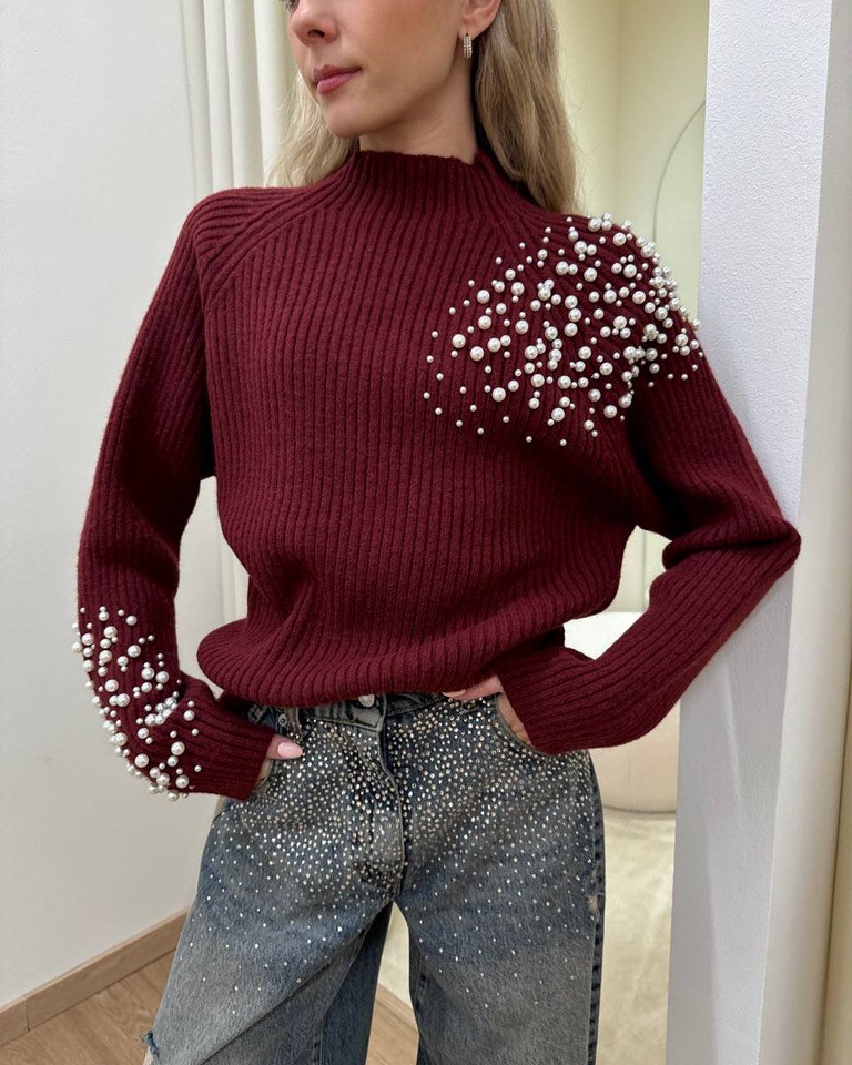 Maglione collo a cratere con perle bordeaux HaveOne Shop Online Maglione collo a cratere con perle bordeaux HaveOne