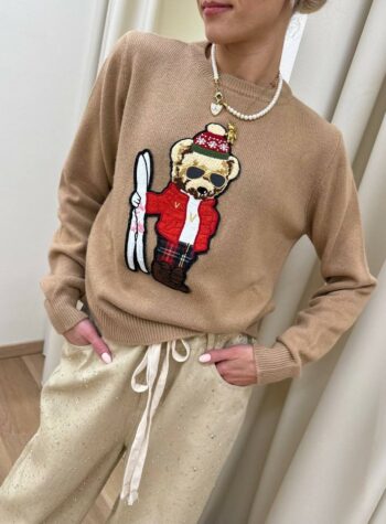 Shop Online Maglia girocollo cammello patch orsetto scii Vicolo