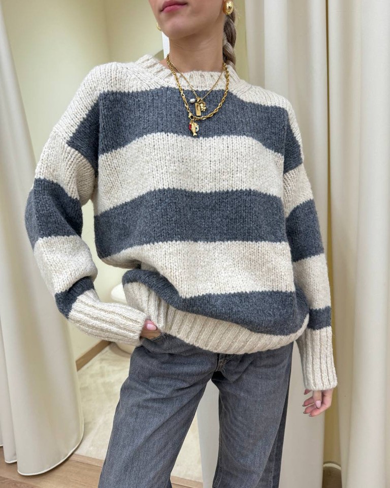 Maglione girocollo righe burro e grigio Vicolo Shop Online Maglione girocollo righe burro e grigio Vicolo