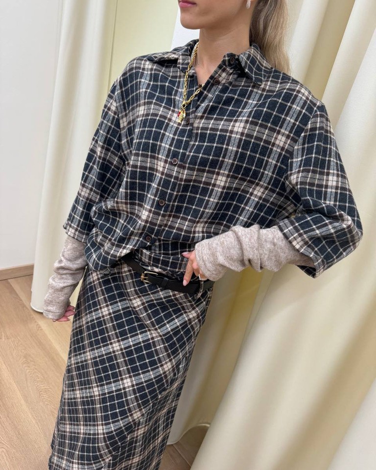 Camicia check grigio e moro con manicotti HaveOne Shop Online Camicia check grigio e moro con manicotti HaveOne