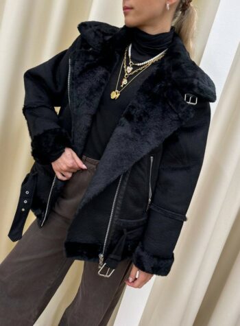 Shop Online Giubbotto eco montone nero scamosciato con cintura Vicolo