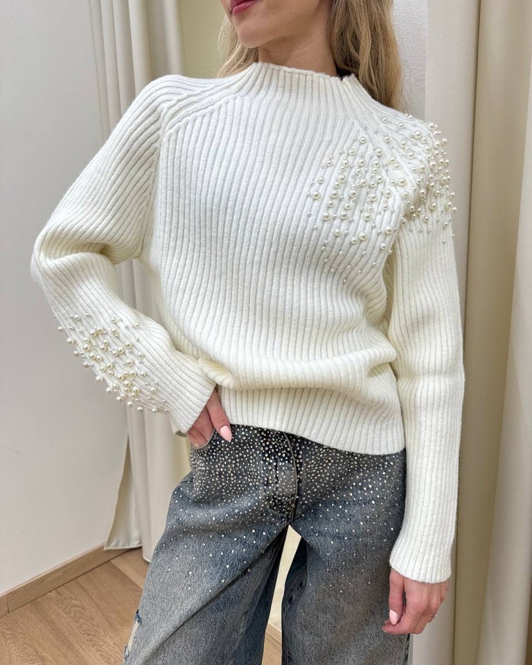 Maglione collo a cratere con perle panna HaveOne Shop Online Maglione collo a cratere con perle panna HaveOne