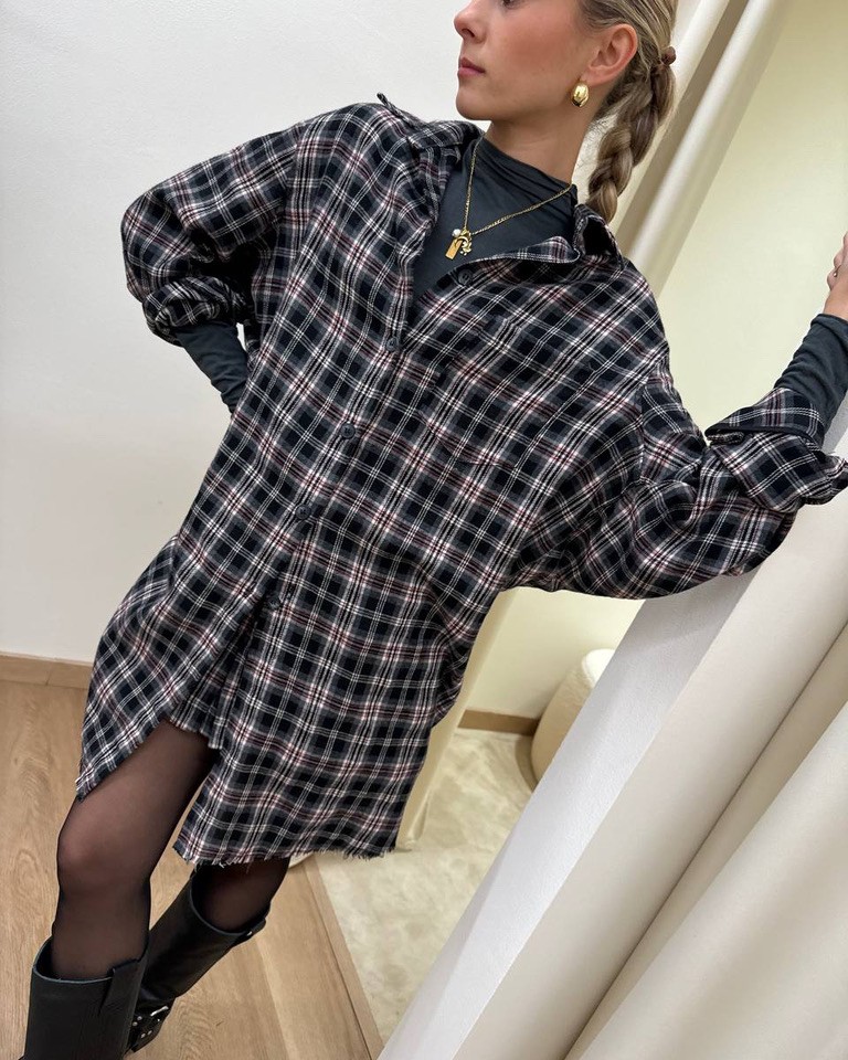 Camicia ampia check grigia con stampa Vicolo Shop Online Camicia ampia check grigia con stampa Vicolo