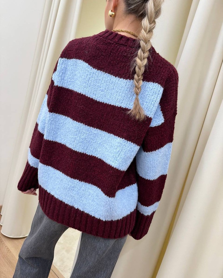 Maglione girocollo righe bordeaux e carta zucchero Vicolo Shop Online Maglione girocollo righe bordeaux e carta zucchero Vicolo