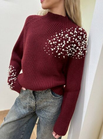 Shop Online Maglione collo a cratere con perle bordeaux HaveOne