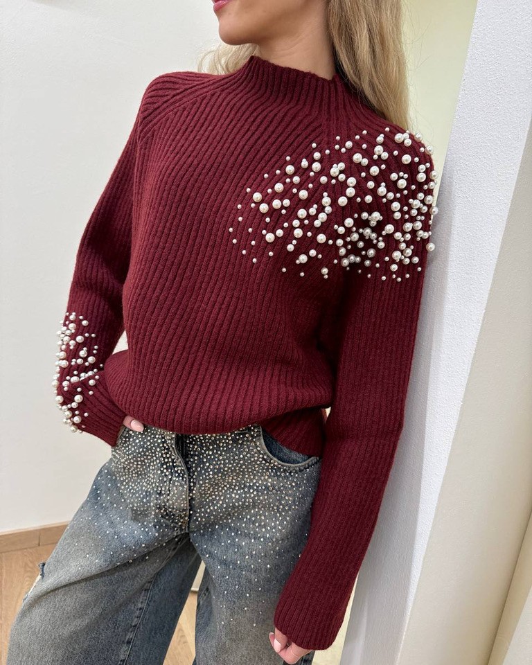 Maglione collo a cratere con perle bordeaux HaveOne Shop Online Maglione collo a cratere con perle bordeaux HaveOne