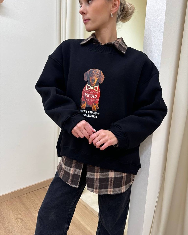 Felpa oversize nera stampa bassotto Natale Vicolo Shop Online Felpa oversize nera stampa bassotto Natale Vicolo