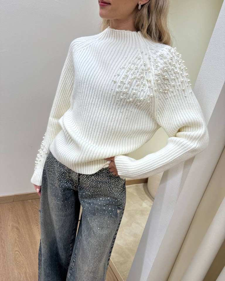 Maglione collo a cratere con perle panna HaveOne Shop Online Maglione collo a cratere con perle panna HaveOne