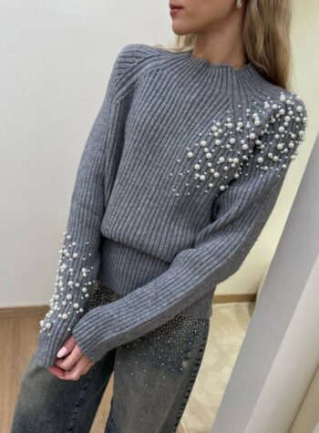 Shop Online Maglione collo a cratere con perle grigio HaveOne