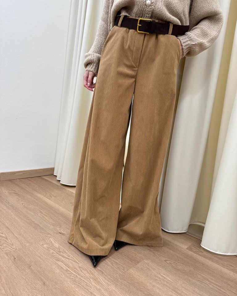 Pantalone dritto in velluto cammello con cintura HaveOne Shop Online Pantalone dritto in velluto cammello con cintura HaveOne
