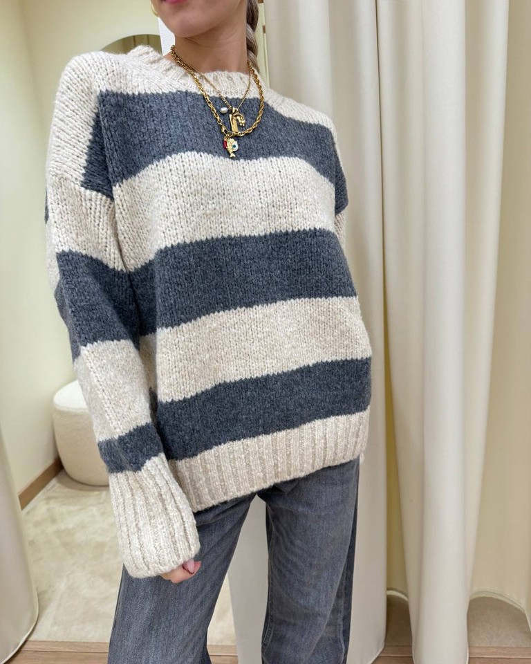 Maglione girocollo righe burro e grigio Vicolo Shop Online Maglione girocollo righe burro e grigio Vicolo