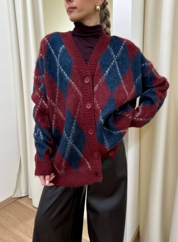 Shop Online Cardigan over con mohair jacquard a rombi blu e bordeaux Kontatto