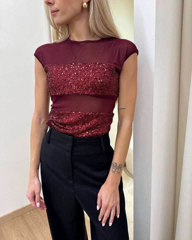 Body in tulle bordeaux con paillettes Revise Shop Online Body in tulle bordeaux con paillettes Revise
