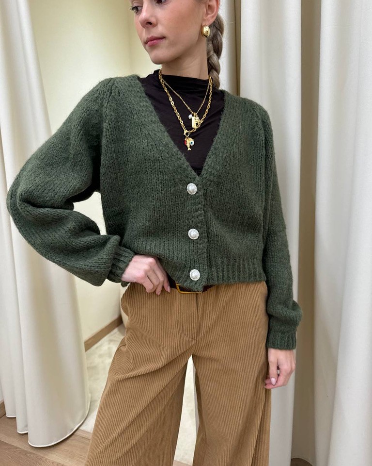 Cardigan verde militare bottoni gioiello HaveOne Shop Online Cardigan verde militare bottoni gioiello HaveOne