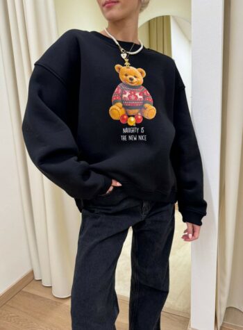 Shop Online Felpa oversize nera stampa orsetto Natale Vicolo